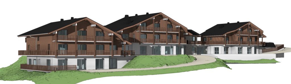 Vue d'ensemble chalets de La Clusaz maquette couleur