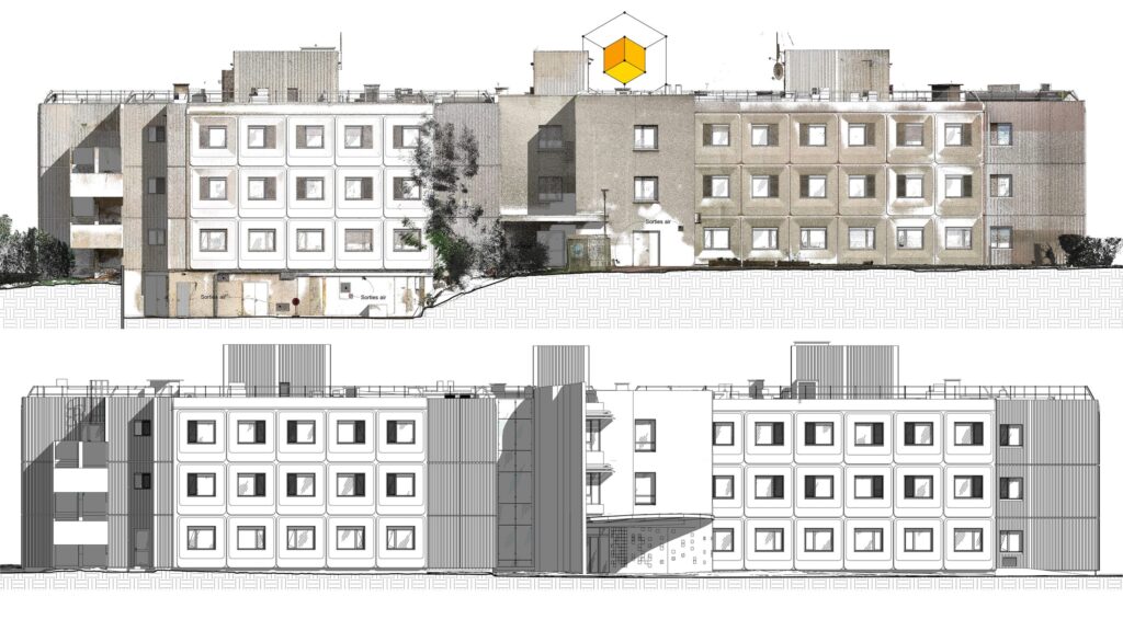 Élévations des façades du Centre Esquirol en nuage de points et en dessin