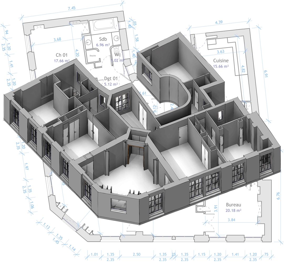 Plan 3D d’un appartement parisien, modélisé par nos équipes