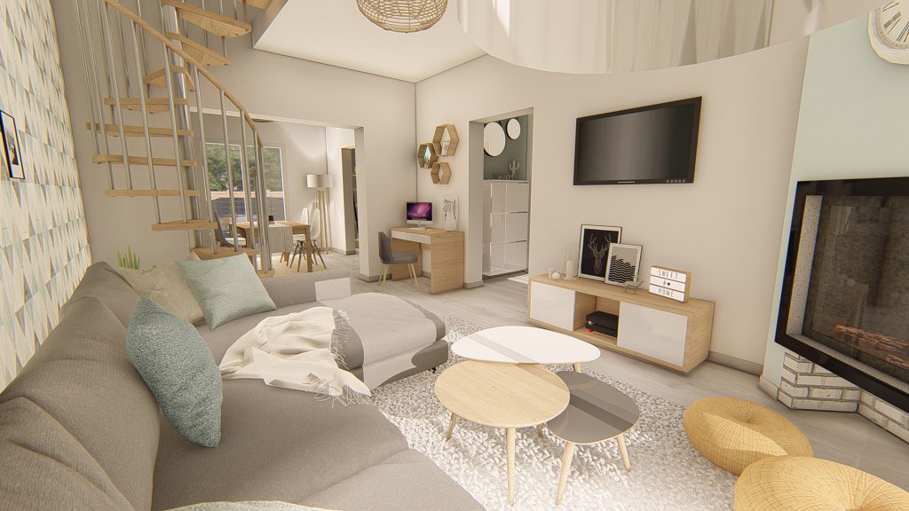 Aménagement intérieur d'une maison. Salon aménagé en images de synthèse 3D et réalisation de la décoration.