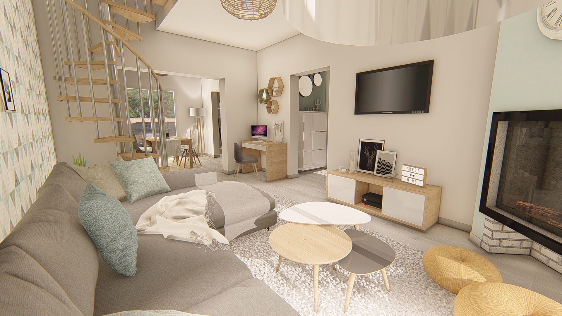 Aménagement intérieur d'une maison. Salon aménagé en images de synthèse 3D et réalisation de la décoration.