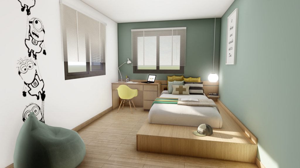 Aménagement intérieur d'une maison. Chambre aménagée en images de synthèse et réalisation de la décoration.