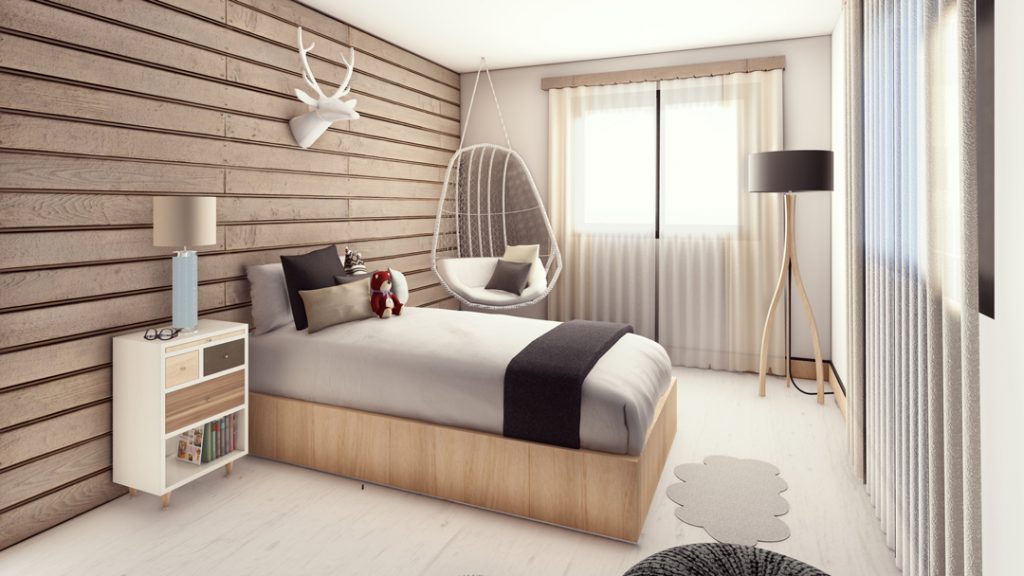 Aménagement intérieur d'une maison. Chambre aménagée en images de synthèse et réalisation de la décoration.