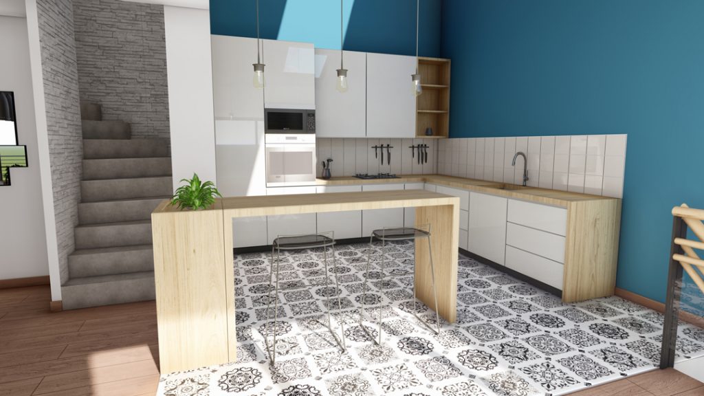 Aménagement intérieur d'une maison. Cuisine aménagée en images de synthèse et réalisation de la décoration.
