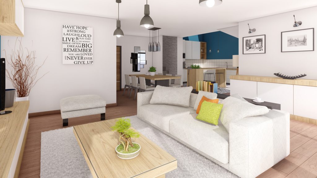 Aménagement intérieur d'une maison. Séjour aménagé en images de synthèse et réalisation de la décoration.