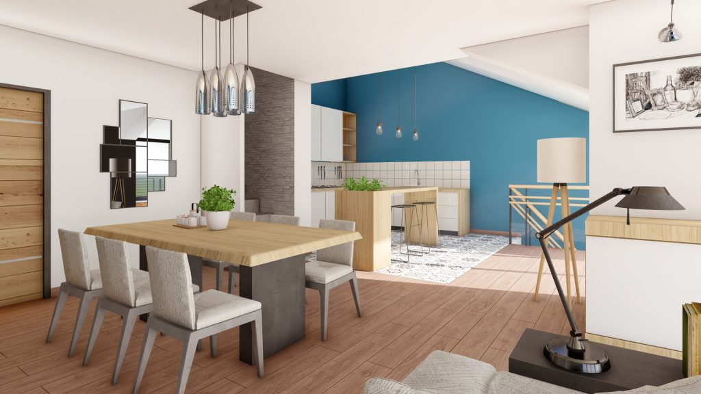 Aménagement intérieur d'une maison. Séjour aménagé en images de synthèse et réalisation de la décoration.