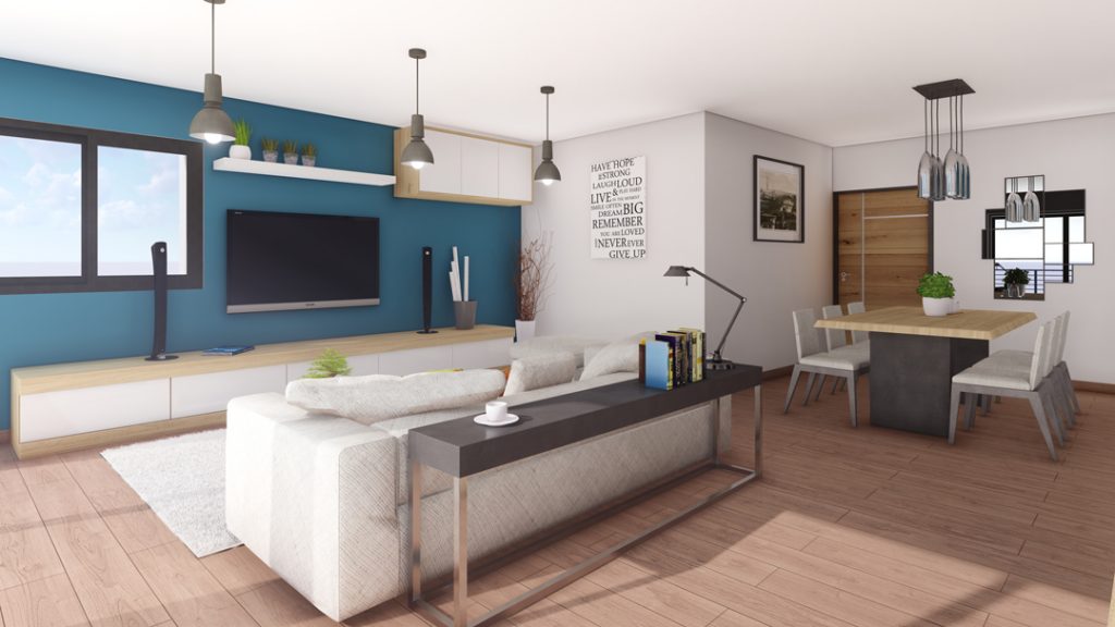 Aménagement intérieur d'une maison. Séjour aménagé en images de synthèse et réalisation de la décoration.