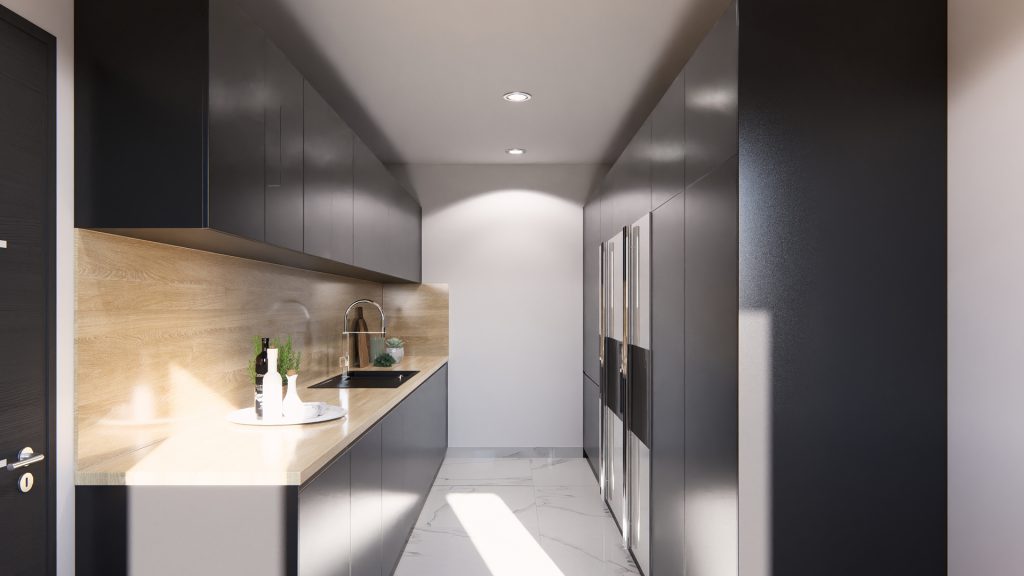 Aménagement intérieur d'une maison. Arrière cuisine aménagée en images de synthèse et réalisation de la décoration.