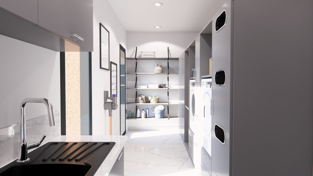 Aménagement intérieur d'une maison. Buanderie aménagée en images de synthèse et réalisation de la décoration.