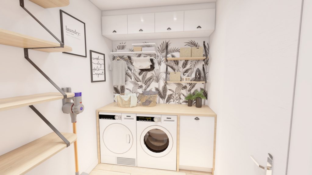 Aménagement intérieur d'une maison. Buanderie aménagée en images de synthèse et réalisation de la décoration.
