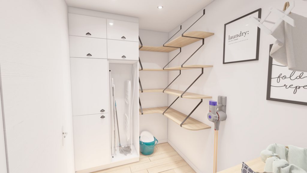 Aménagement intérieur d'une maison. Buanderie aménagée en images de synthèse et réalisation de la décoration.