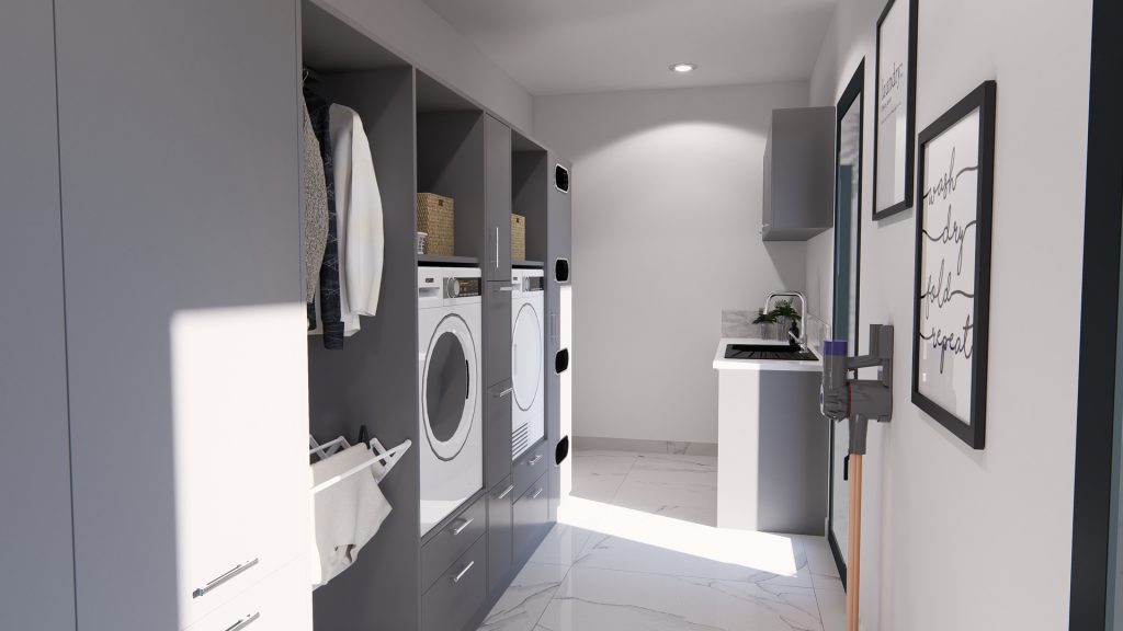 Aménagement intérieur d'une maison. Buanderie aménagée en images de synthèse et réalisation de la décoration.