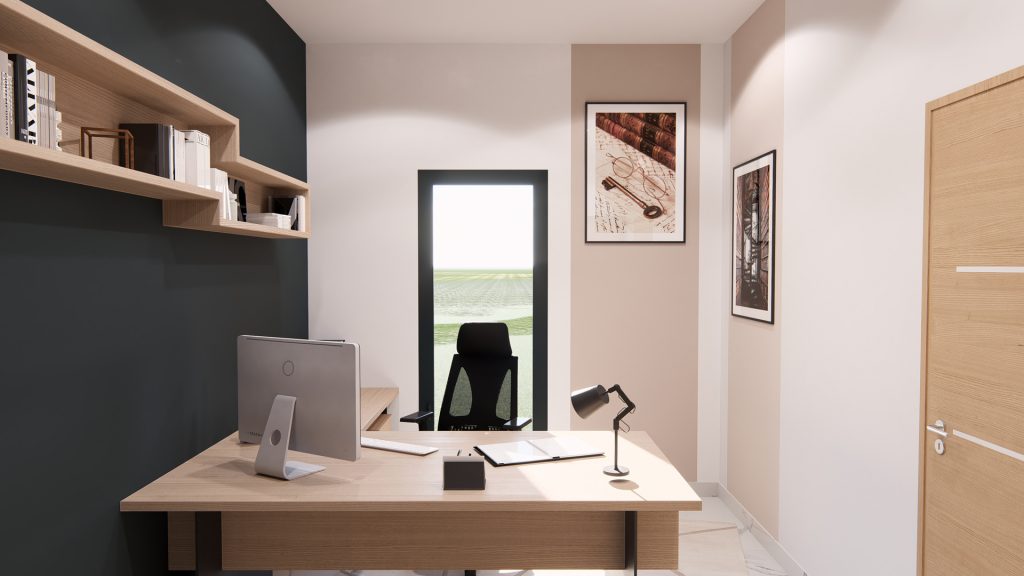 Aménagement intérieur d'une maison. Bureau aménagée en images de synthèse et réalisation de la décoration.