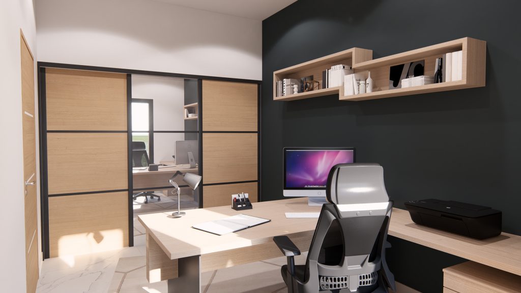 Aménagement intérieur d'une maison. Bureau aménagée en images de synthèse et réalisation de la décoration.