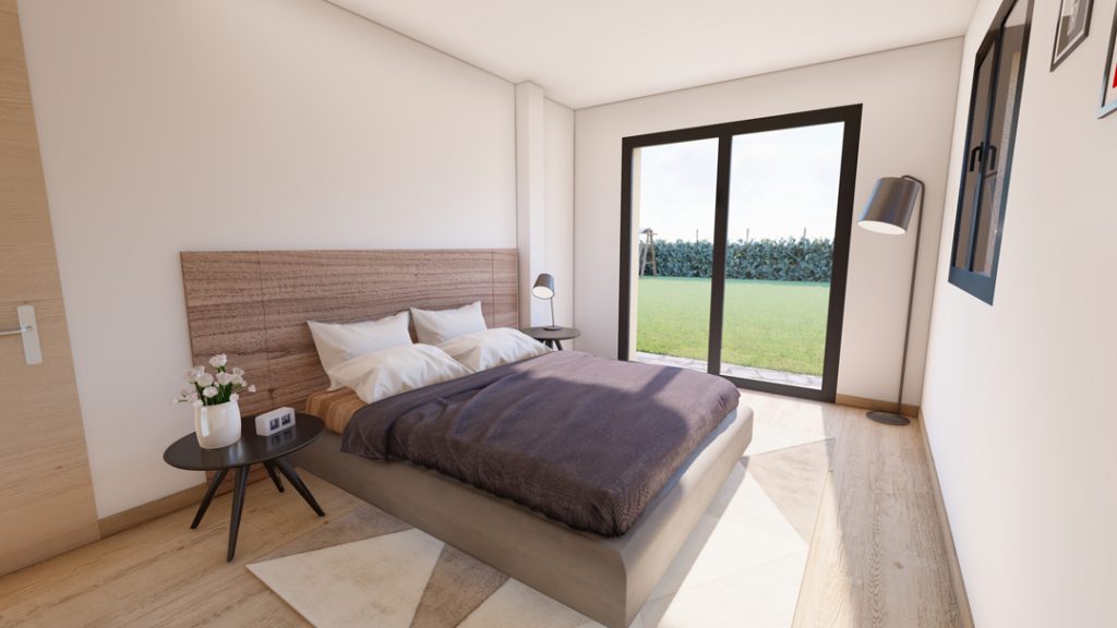 Aménagement intérieur d'une maison. Chambre aménagée en images de synthèse et réalisation de la décoration.
