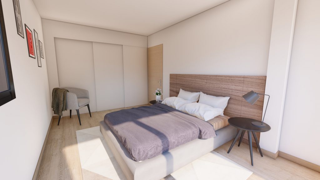 Aménagement intérieur d'une maison. Chambre aménagée en images de synthèse et réalisation de la décoration.