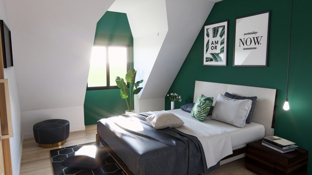 Aménagement intérieur d'une maison. Chambre aménagée en images de synthèse et réalisation de la décoration.