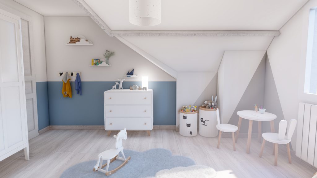 Aménagement intérieur d'une maison. Chambre d'enfant aménagée en images de synthèse et réalisation de la décoration.