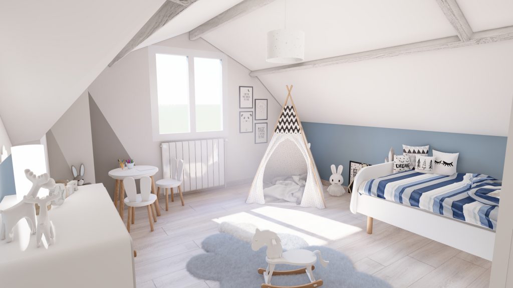 Aménagement intérieur d'une maison. Chambre d'enfant aménagée en images de synthèse et réalisation de la décoration.