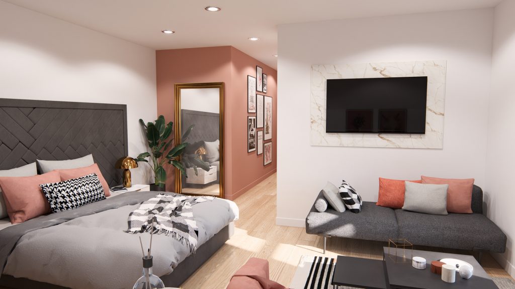 Aménagement intérieur d'une maison. Chambre aménagée en images de synthèse et réalisation de la décoration.