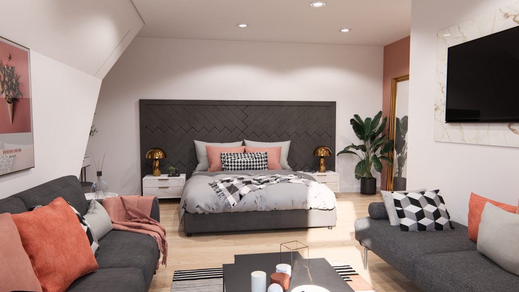 Aménagement intérieur d'une maison. Chambre aménagée en images de synthèse et réalisation de la décoration.
