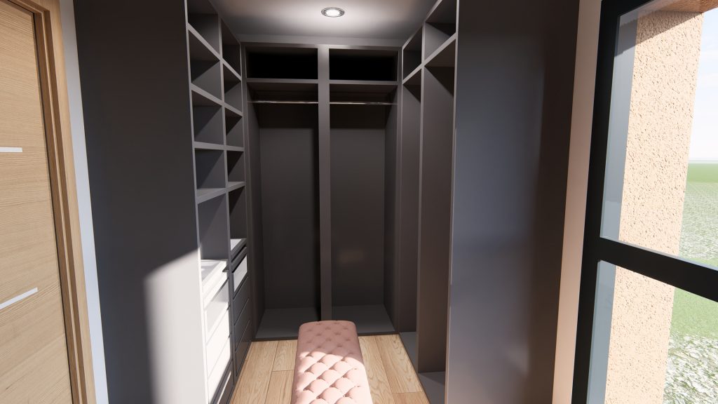Aménagement intérieur d'une maison. Dressing aménagé en images de synthèse et réalisation de la décoration.