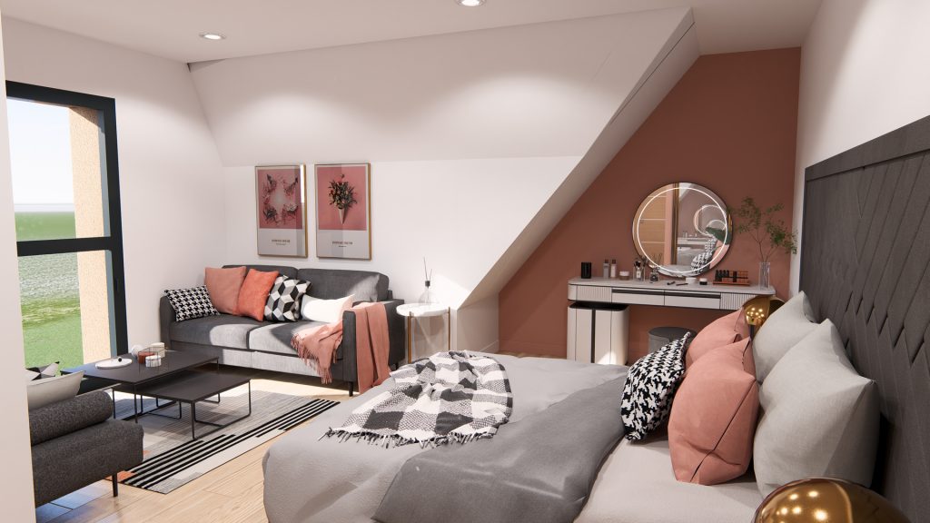 Aménagement intérieur d'une maison. Chambre aménagée en images de synthèse et réalisation de la décoration.