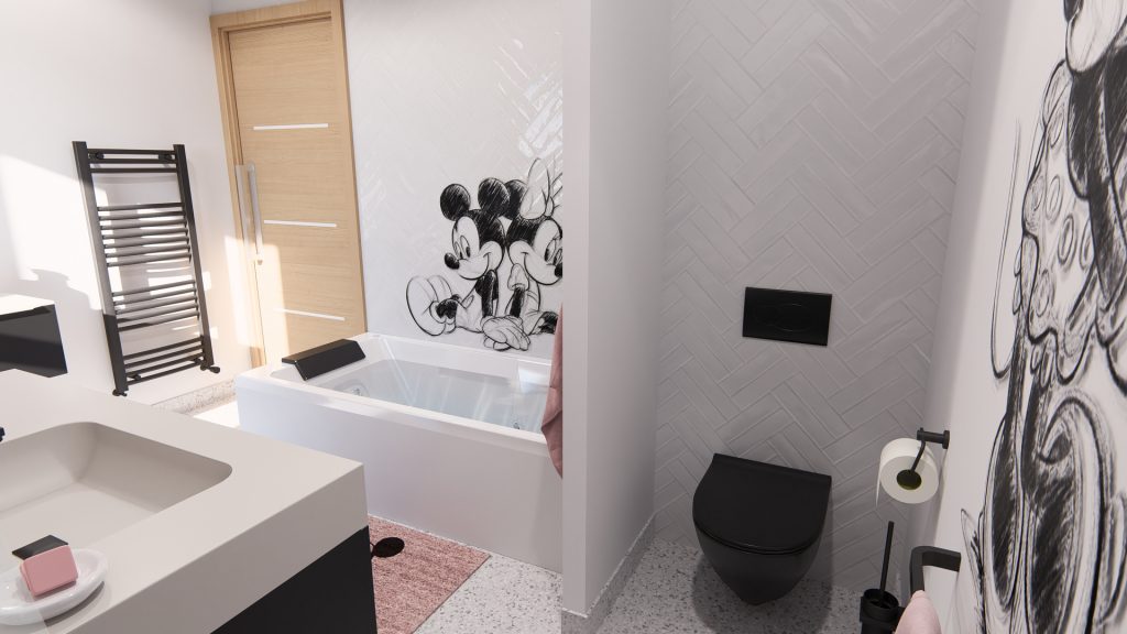 Aménagement intérieur d'une maison. Salle de bain aménagée en images de synthèse et réalisation de la décoration.