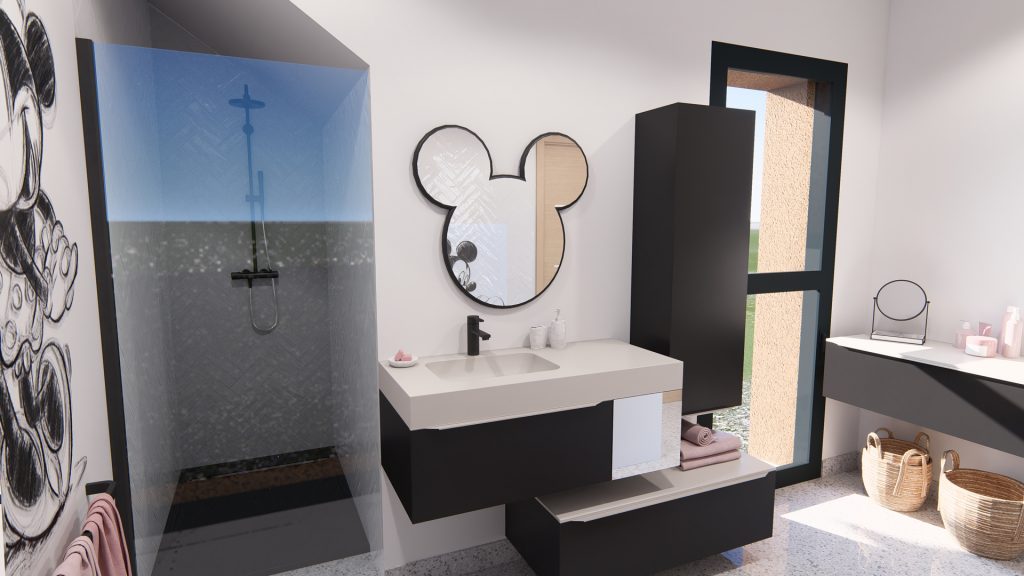 Aménagement intérieur d'une maison. Salle de bain aménagée en images de synthèse et réalisation de la décoration.