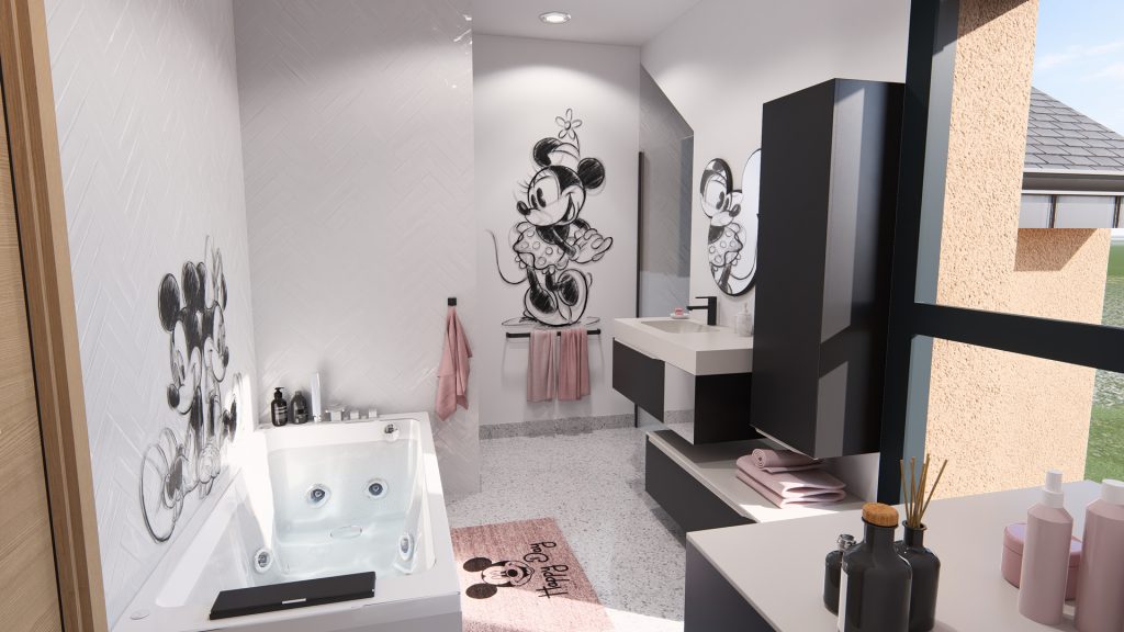 Aménagement intérieur d'une maison. Salle de bain aménagée en images de synthèse et réalisation de la décoration.