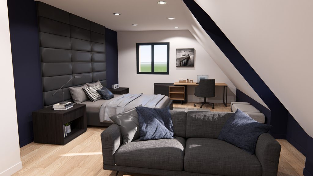 Aménagement intérieur d'une maison. Chambre aménagée en images de synthèse et réalisation de la décoration.