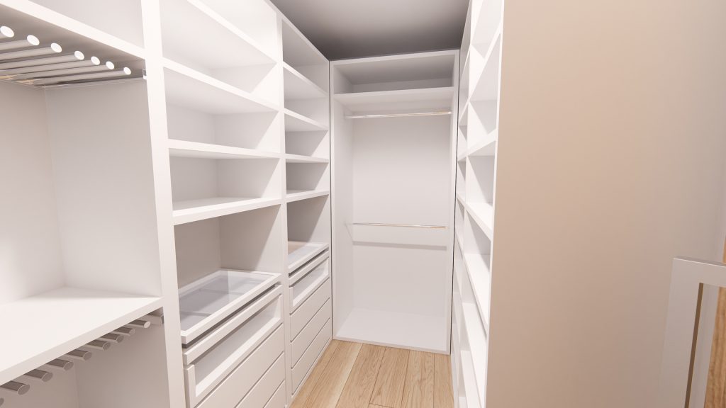 Aménagement intérieur d'une maison. Dressing aménagé en images de synthèse et réalisation de la décoration.