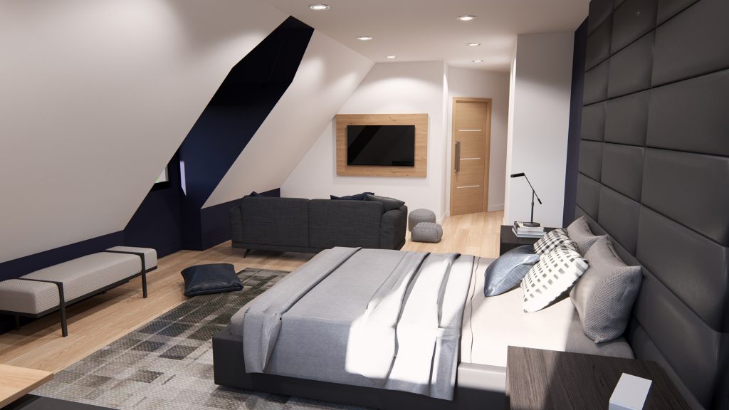 Aménagement intérieur d'une maison. Chambre aménagée en images de synthèse et réalisation de la décoration.