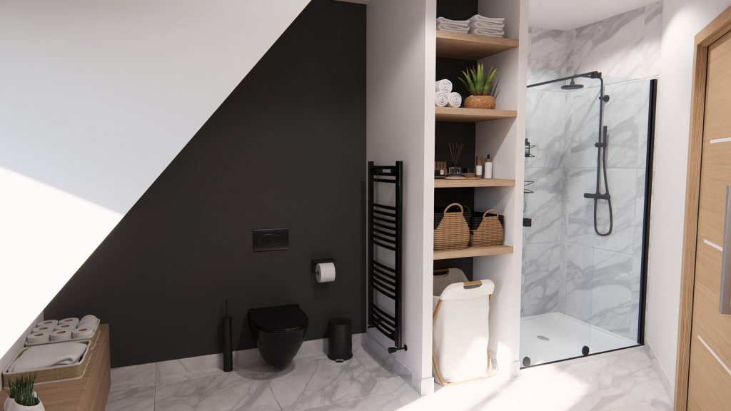 Aménagement intérieur d'une maison. Salle de bain aménagée en images de synthèse et réalisation de la décoration.