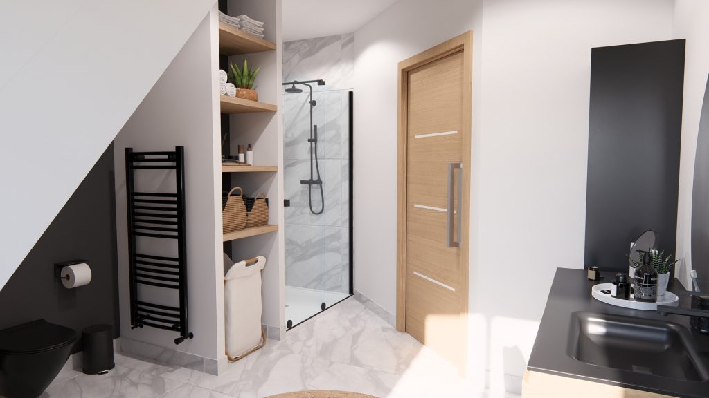 Aménagement intérieur d'une maison. Salle de bain aménagée en images de synthèse et réalisation de la décoration.