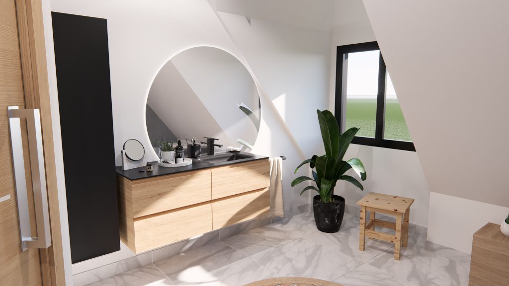 Aménagement intérieur d'une maison. Salle de bain aménagée en images de synthèse et réalisation de la décoration.