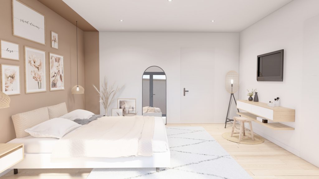 Aménagement intérieur d'une maison. Chambre aménagée en images de synthèse et réalisation de la décoration.