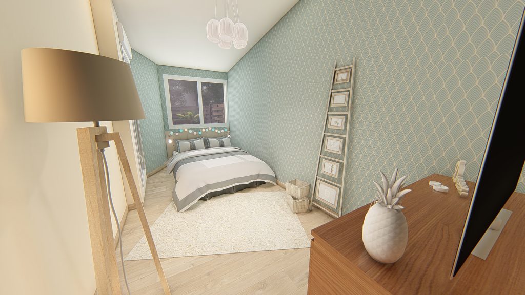 Aménagement intérieur d'une maison. Chambre aménagée en images de synthèse et réalisation de la décoration.