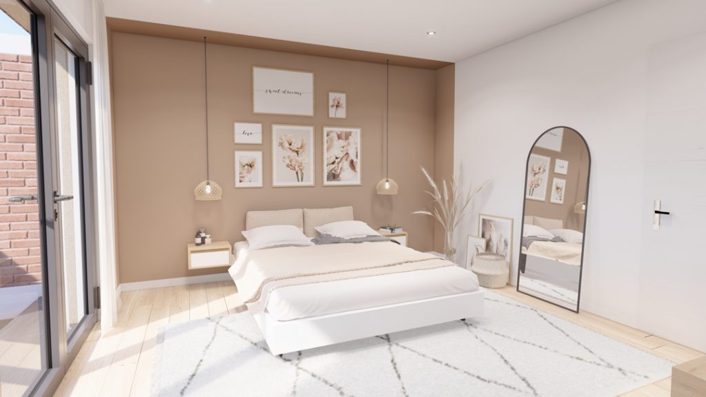 Aménagement intérieur d'une maison. Chambre aménagée en images de synthèse et réalisation de la décoration.