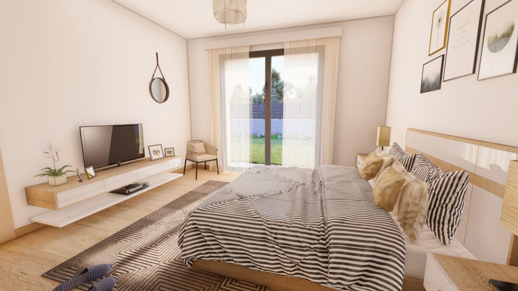 Aménagement intérieur d'une maison. Chambre aménagée en images de synthèse et réalisation de la décoration.