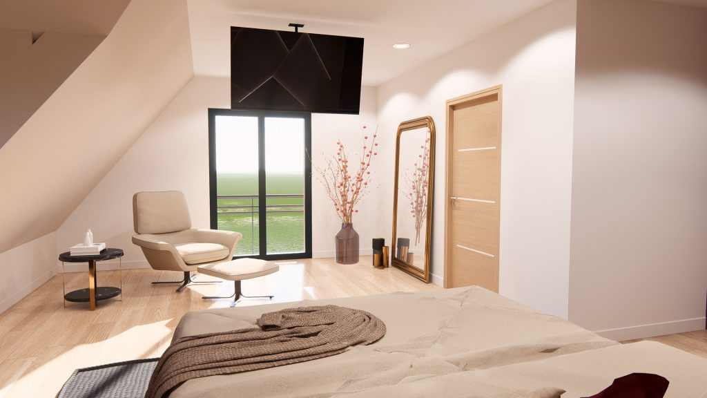 Aménagement intérieur d'une maison. Chambre aménagée en images de synthèse et réalisation de la décoration.