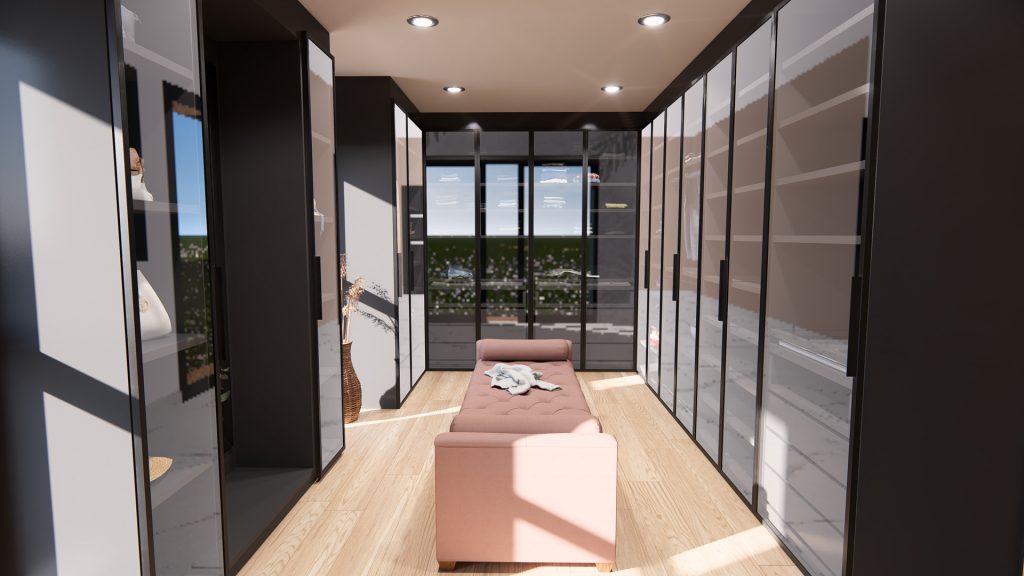 Aménagement intérieur d'une maison. Dressing aménagé en images de synthèse et réalisation de la décoration.