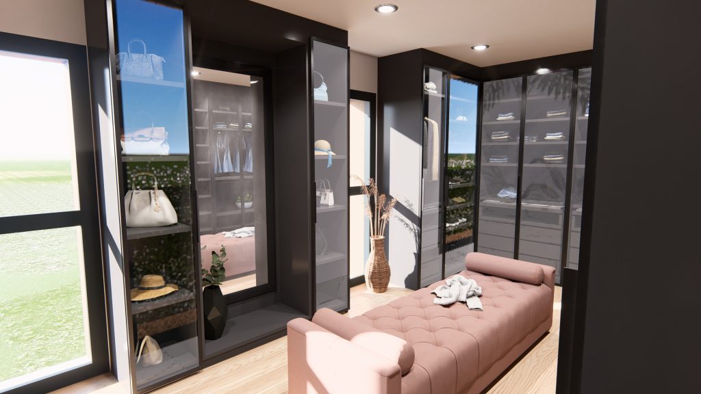 Aménagement intérieur d'une maison. Dressing aménagé en images de synthèse et réalisation de la décoration.