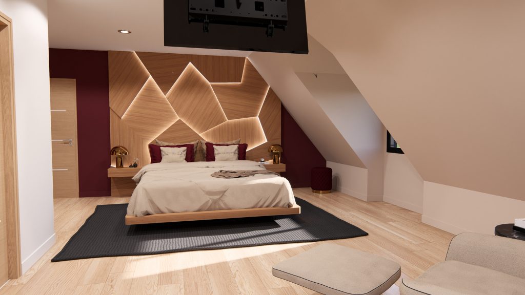 Aménagement intérieur d'une maison. Chambre aménagée en images de synthèse et réalisation de la décoration.