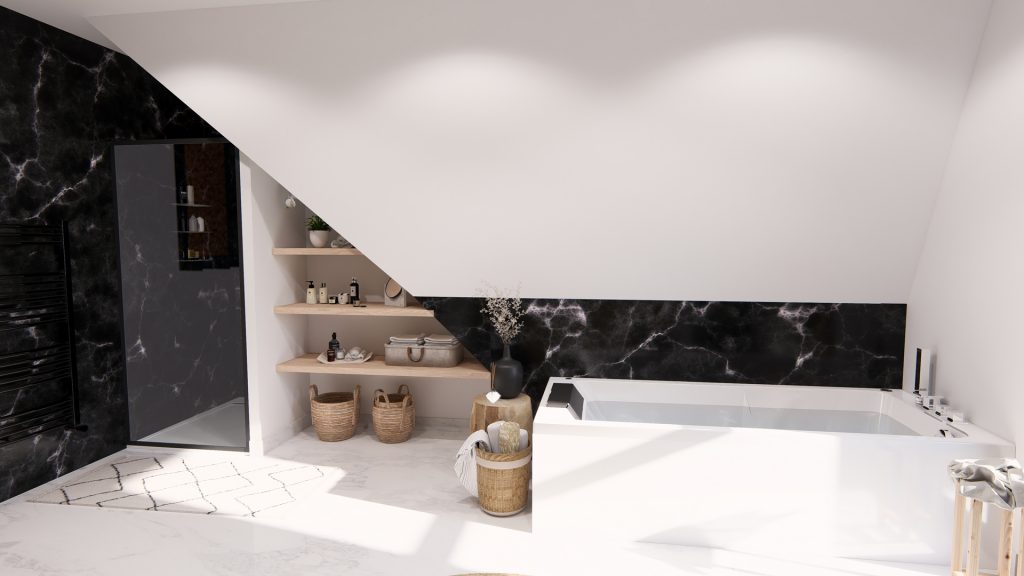 Aménagement intérieur d'une maison. Salle de bain aménagée en images de synthèse et réalisation de la décoration.