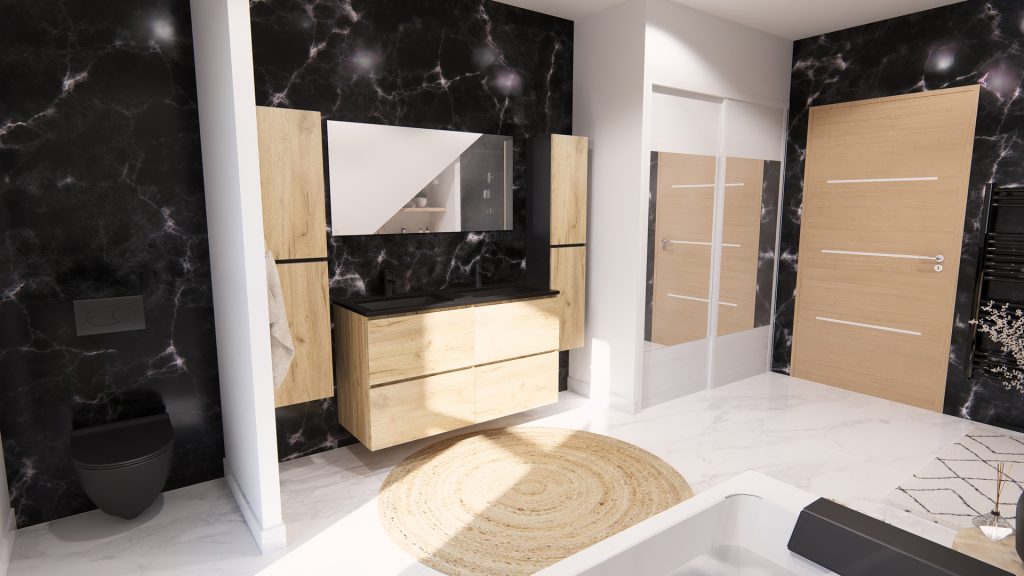 Aménagement intérieur d'une maison. Salle de bain aménagée en images de synthèse et réalisation de la décoration.