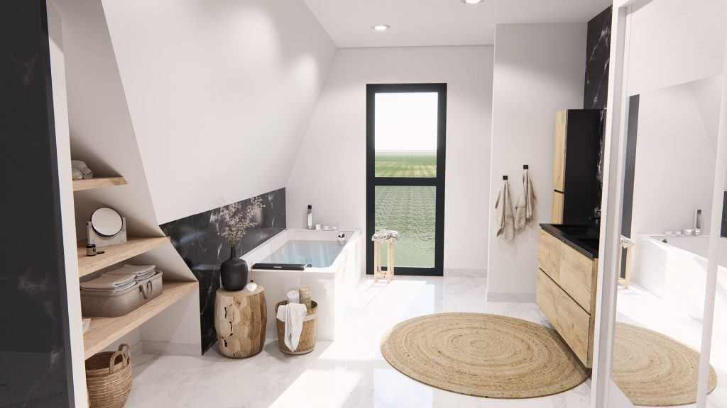 Aménagement intérieur d'une maison. Salle de bain aménagée en images de synthèse et réalisation de la décoration.