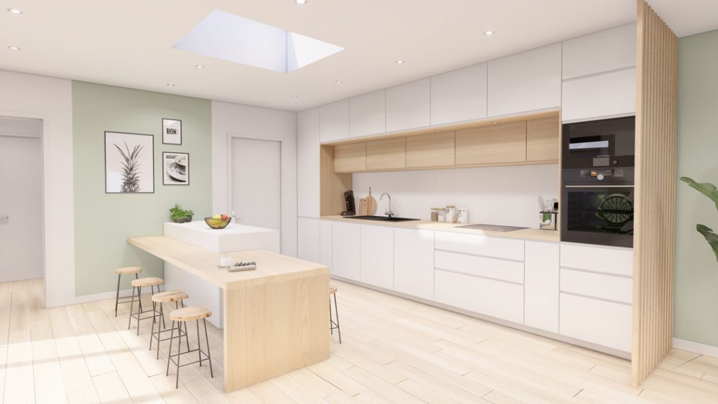 Aménagement intérieur d'une maison. Cuisine aménagée en images de synthèse et réalisation de la décoration.