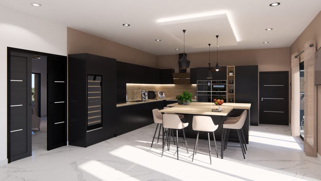 Aménagement intérieur d'une maison. Cuisine aménagée en images de synthèse et réalisation de la décoration.