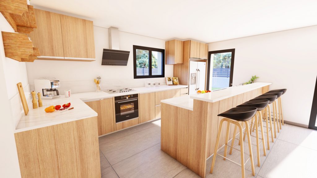 Aménagement intérieur d'une maison. Cuisine aménagée en images de synthèse et réalisation de la décoration.